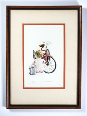 VTG 1979 Limited Edition, Hand-Tinted Etching, ''Ms. Fix It'', Childhood, Tricycle