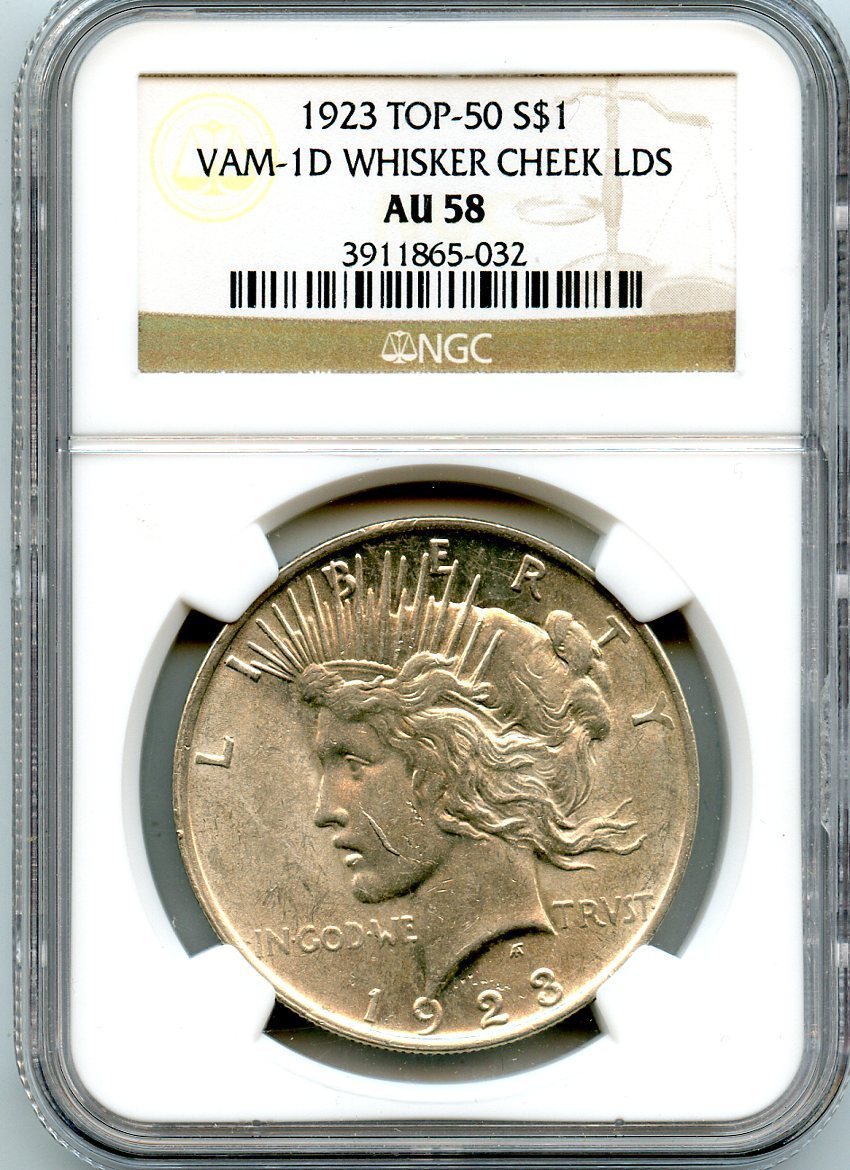 C6394- 1923 VAM-1D WHISKER CHEEK LDS TOP 50 PEACE DOLLAR NGC AU58