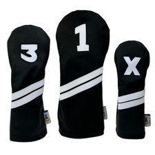 Sunfish Leather golf headcover set - DR, FW, HB - Black with White Stripes 