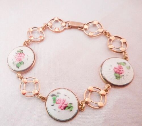 SALE* Gorgeous ANTIQUE 12k ROSE GOLD GF GUILLOCHE PINK ROSE ENAMEL BRACELET 10gm - Picture 8 of 13