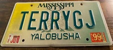 TERRYGJ Vanity License Plate Mississippi Terry GJ Yalobusha County 