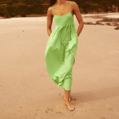 NWT Cotton/Poly Zara Smocked Sleeveless High Waist Green Midi Dress Sz M |  eBay
