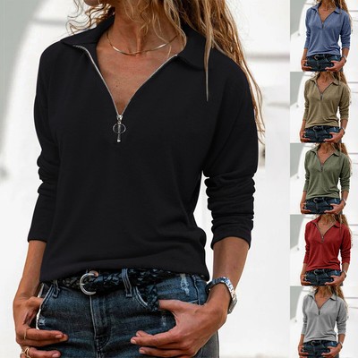 Damen Freizeit Langarm T-Shirt Strickshirt Tunika Zip Kragen Bluse Oberteile Top