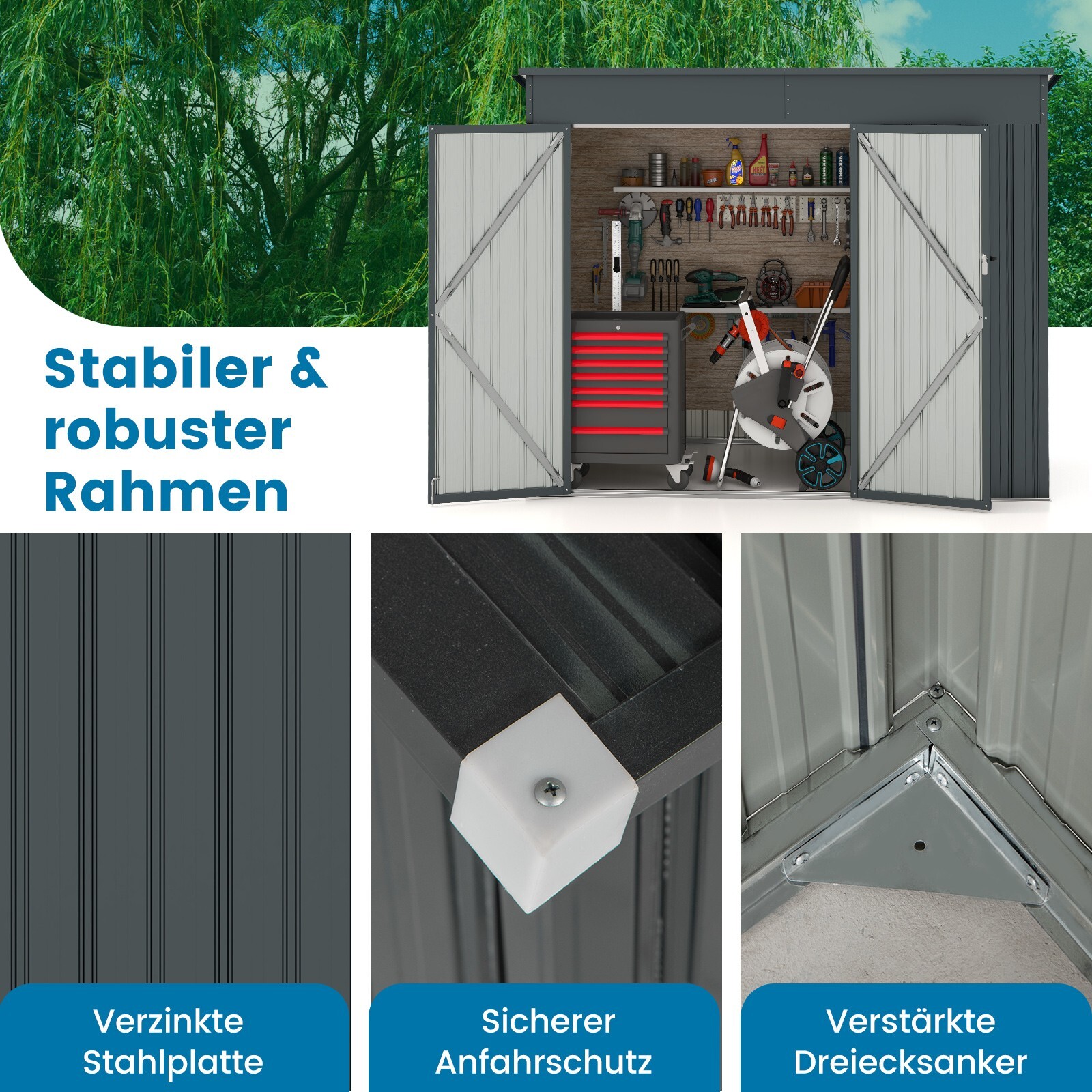 Geräteschuppen Gerätehaus Gartenhaus Metall mit 2 Türen Pultdach