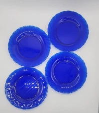 Duralex Vereco France Cobalt Blue Glass 7.5" Plates Rivage Swirl Set Of 4