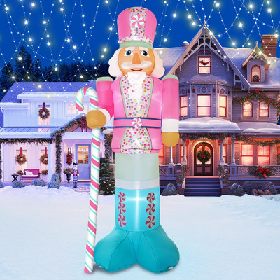 10FT Christmas Inflatables Pink Nutcracker Hold Candy Cane, Christmas Blow up Ya