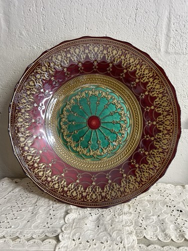 Turkish Art Glass Large Decorative Bowl 16" Red Green Gold Oriental Lace 3" Deep