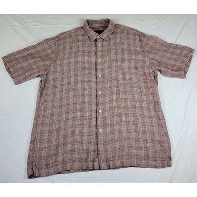 Jos. A. Bank Reserve Mens XL Linen Shirt Short Sleeve Plaid Brown Button Up