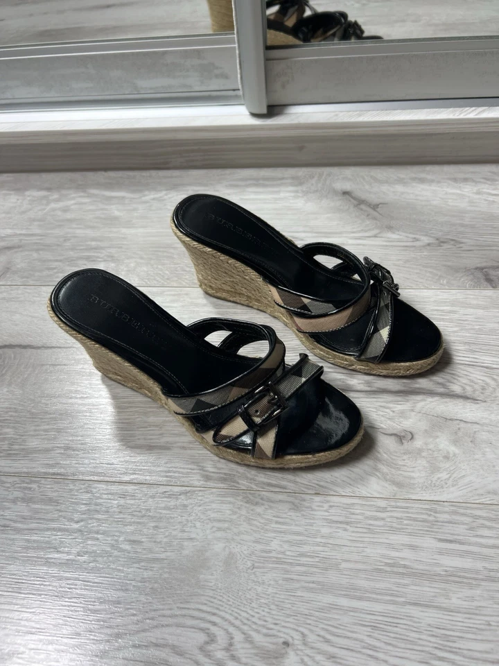 Burberry Women’s Nova Check Leather Wedge Espadrille Sandals Size 37 - Image 2 of 4