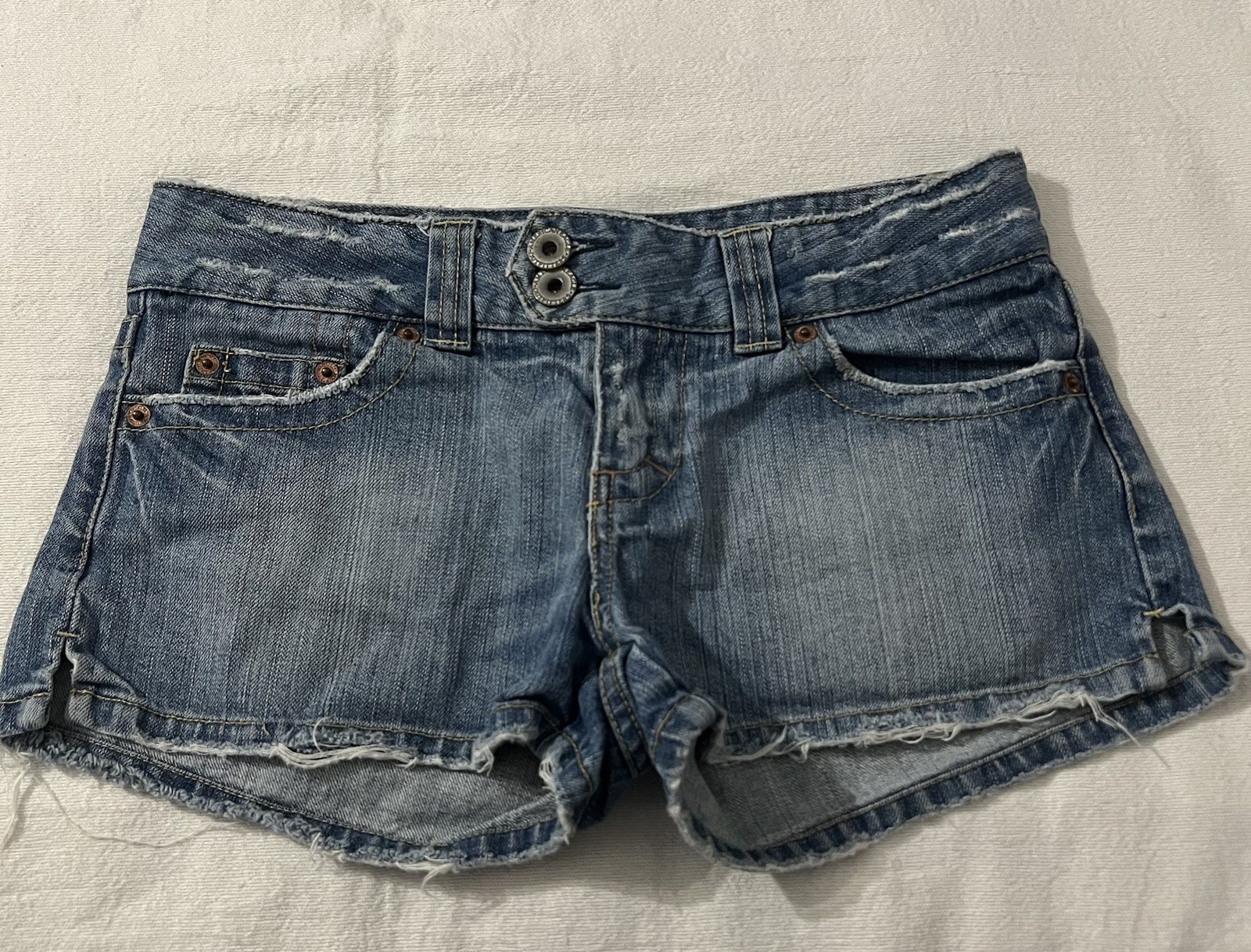 Y2K American Eagle Blue Denim Distressed Short Shorts Size 2 Vintage