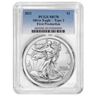 2021 $1 1-oz T2 American Silver Eagle PCGS MS70 First T2 Production Blue Label