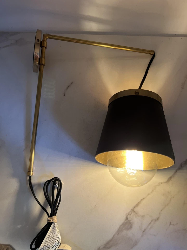 Brass Plug-In Swing Arm Wall Sconce Leather Shade Adjustable Modern Glass Globe - Image 4 of 4