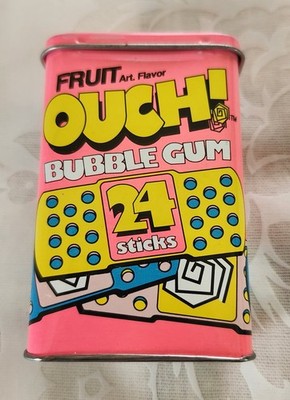 Fruit Art. Flavor OUCH! Bubble Gum Tin 1990's Vintage Lidded Neon Pink EMPTY