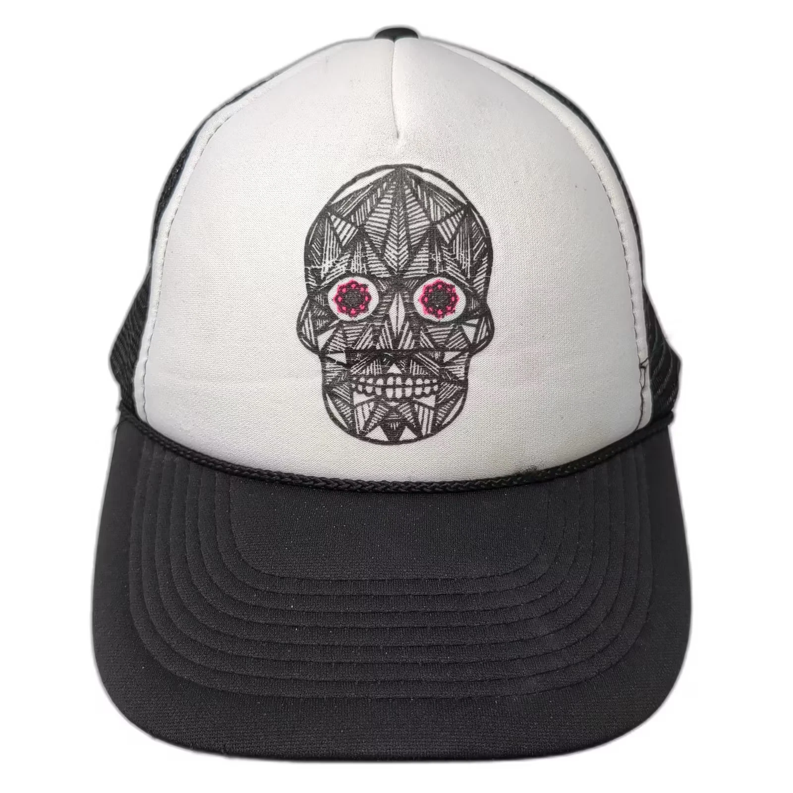 Election Trucker Hat White Black OSFM Geometric Skull Pink Eyes Mesh Snapback