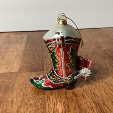 NWT Glass Cowboy Boot Christmas Ornament Multicolored W/ Spur Glitter Rodeo