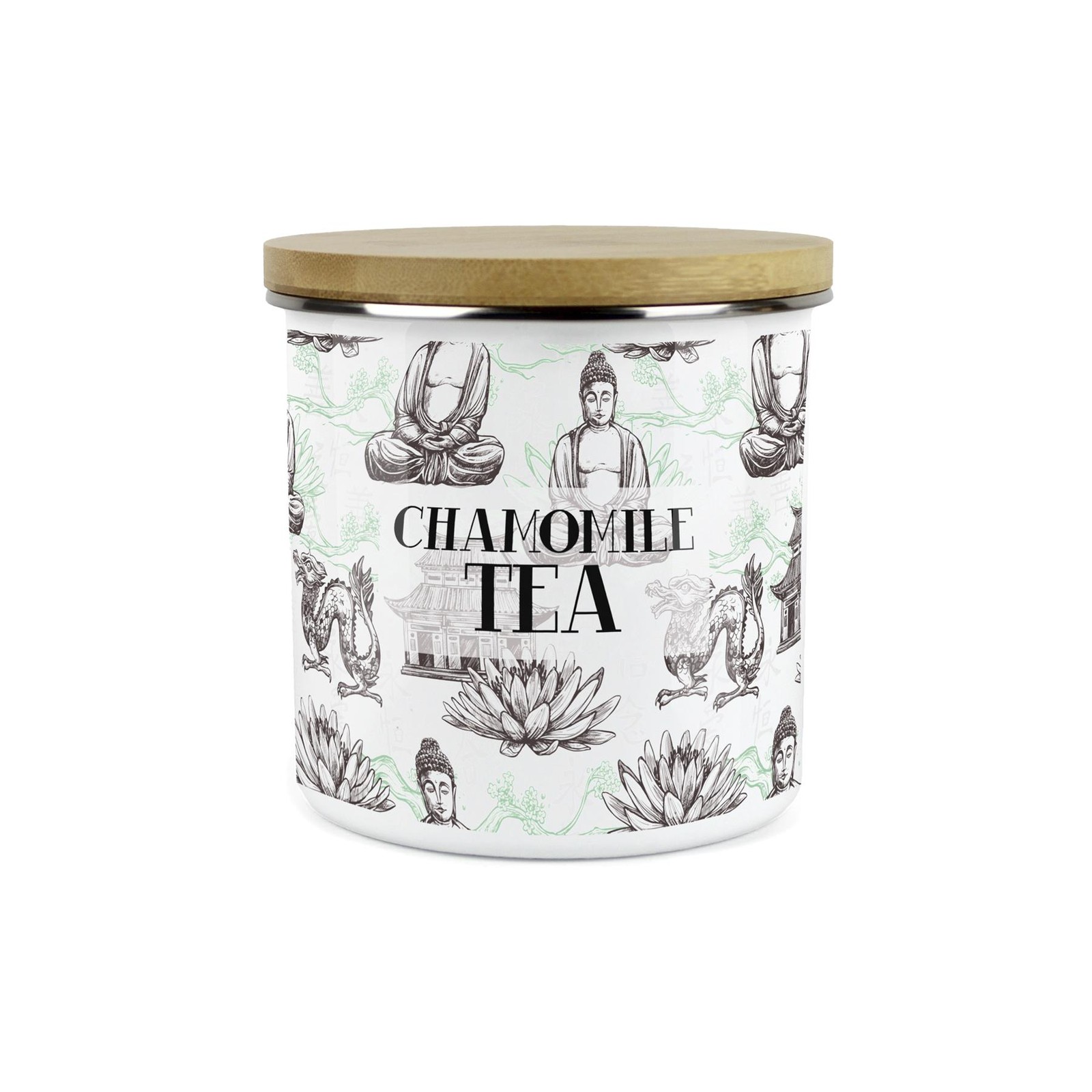 Chamomile Tea Storage Canister - Oriental Scene Enamel Kitchen Storage Jar