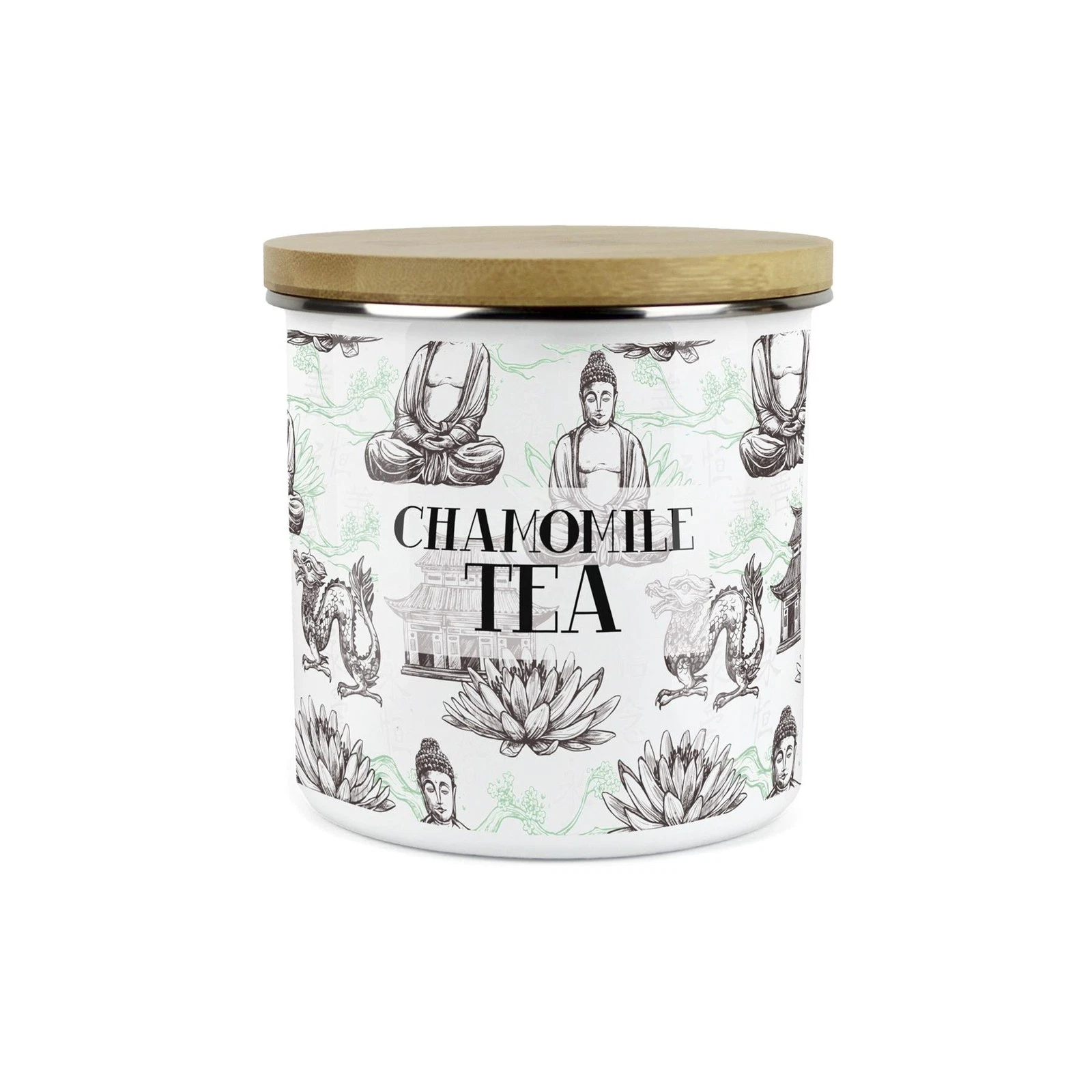Chamomile Tea Storage Canister - Oriental Scene Enamel Kitchen Storage Jar
