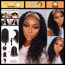 Deep Wave Headband Wig 18" Human Hair Curly Half Wig for Black Women - Glueless