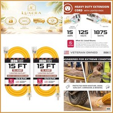 Outdoor Extension Cord 15 ft 2 Pack 12 Gauge 15 Amp Heavy Duty SJTW Yellow