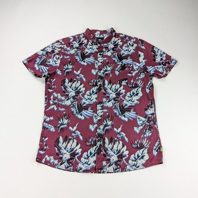 Clockhouse Vintage Shirt Size M Short Sleeve Tropical Floral Burgundy Hawaiian