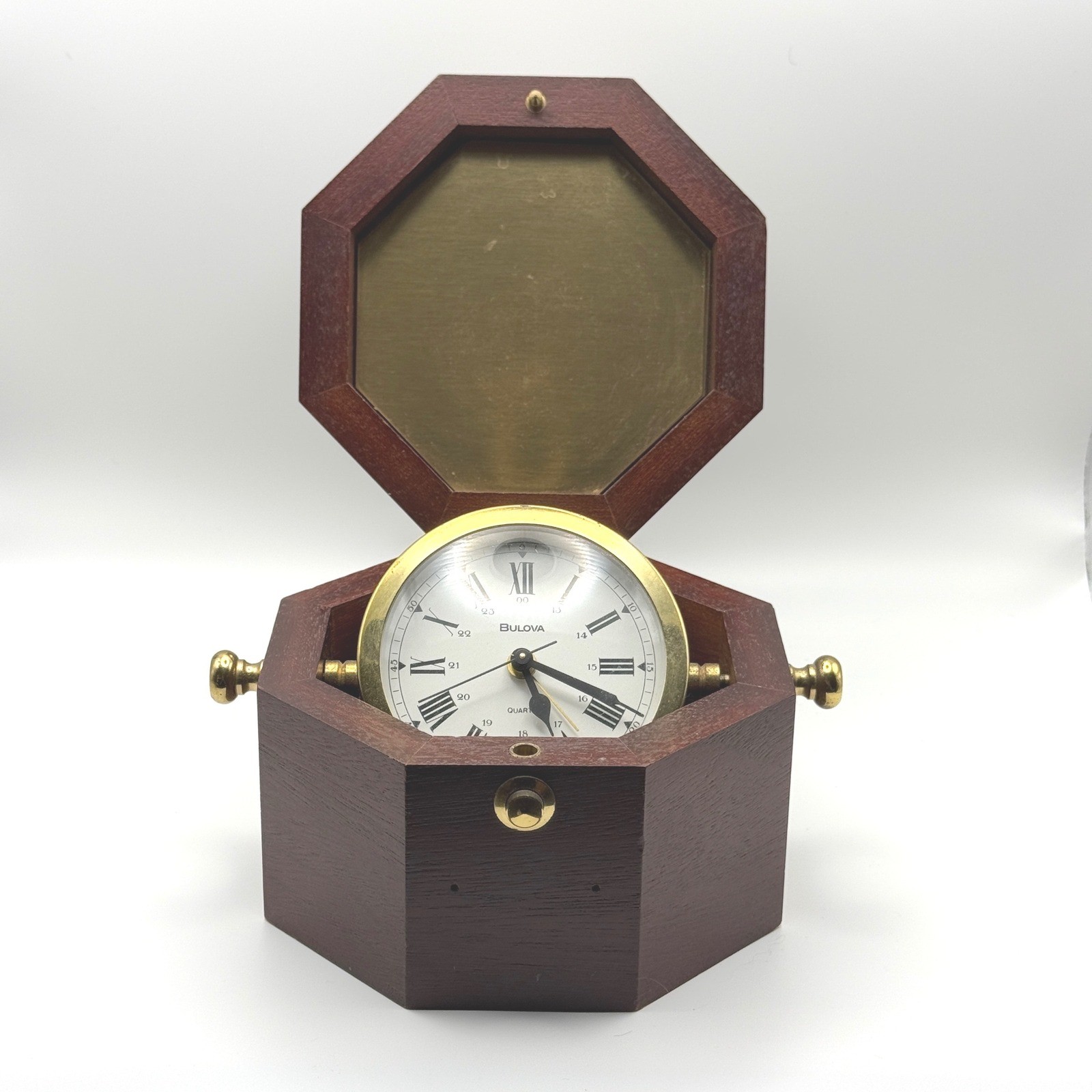 Bulova Quartermaster Ship Captains Desk Clock B7910 Wood Box Brass Gimbal Alarms