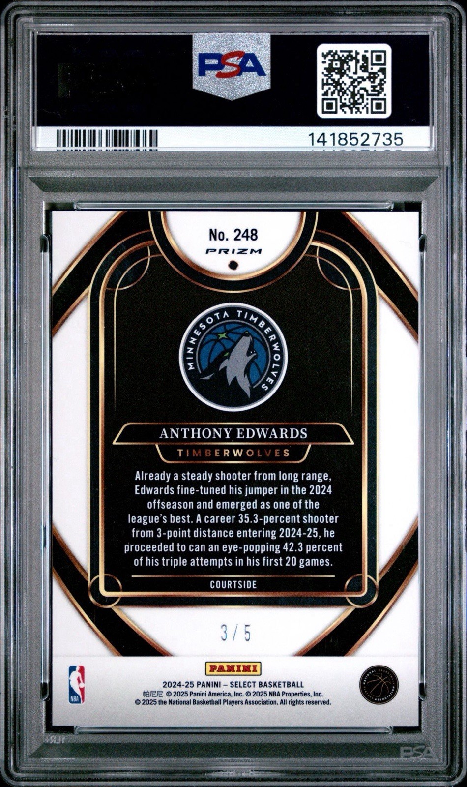 2024 Select Anthony Edwards Neon Purple Pulsar FOTL Courtside #248 PSA 9 Pop 1 view 2