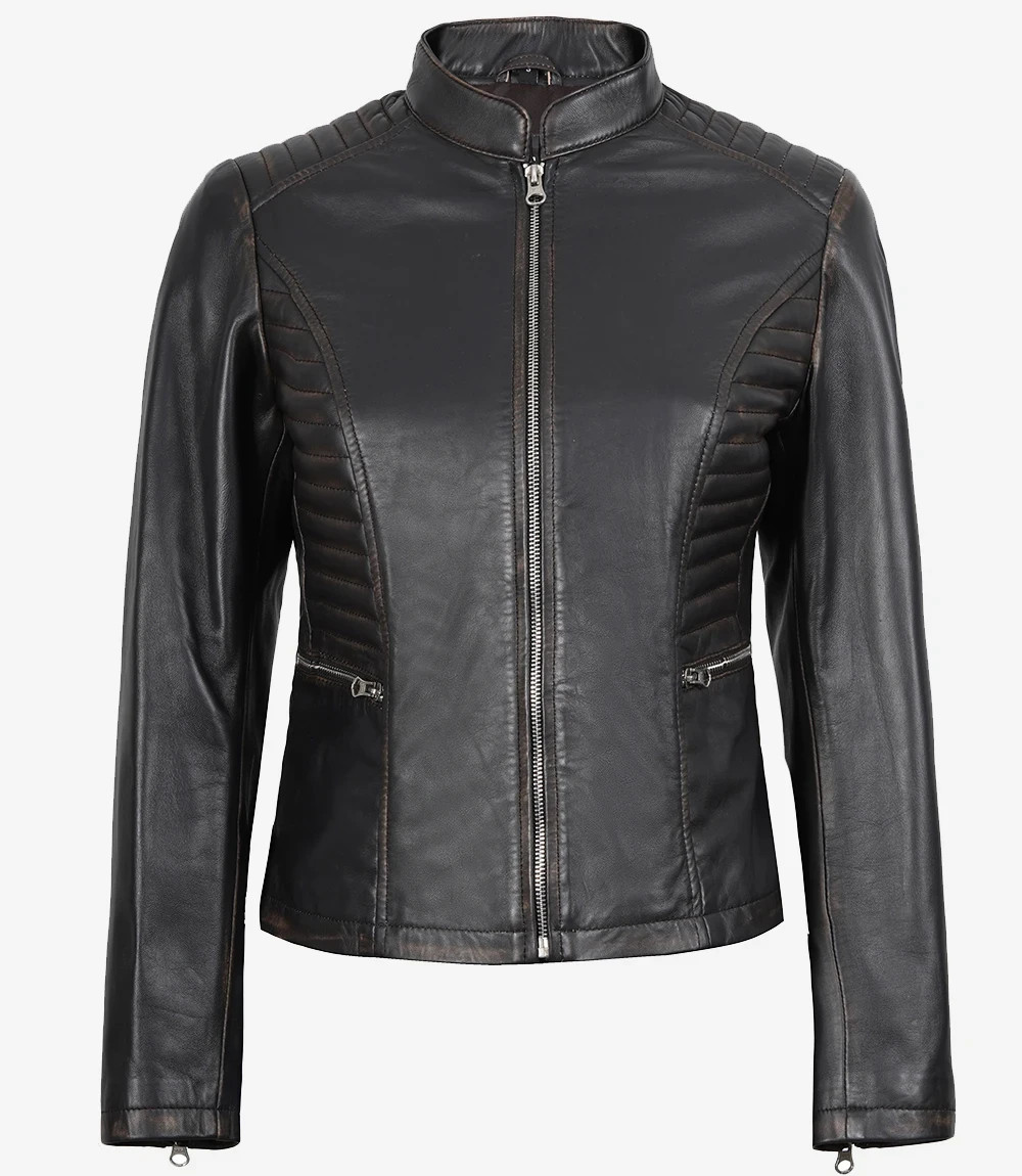 Womens Distressed Brown Leather Biker Style Jacket