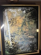 Vtg. Wooden Shadow Box Wall Clock Flowing Creek Forest 27 x 21 Quartz Works 3D
