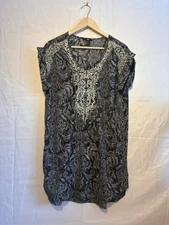 H&M Black White Paisley Beaded Tunic Dress Womens Size 10 Boho Short Sleeve