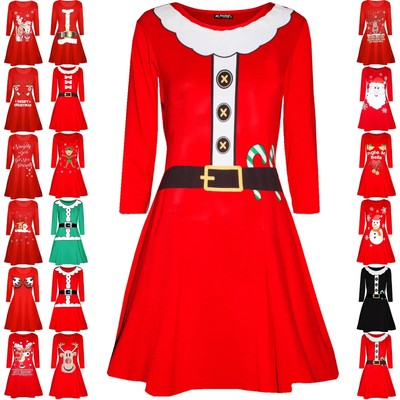 Damen Frauen Weihnachtsmann Kostüm Gürtel Candy Stick Rundhals Weihnachten Swing Kleid