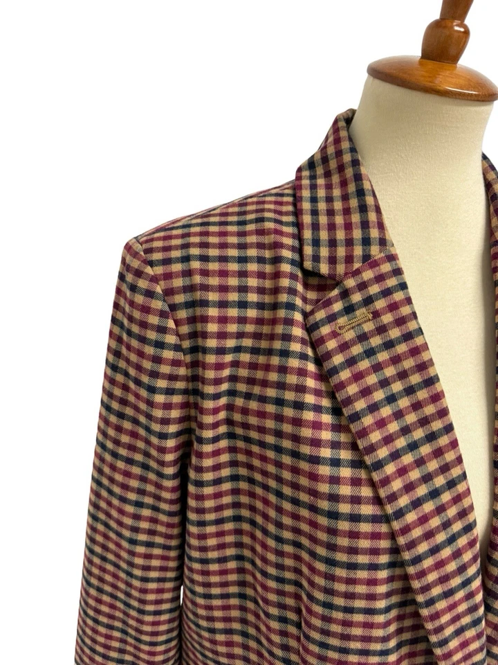 Blazer Merona para mujer color borgoña y marrón a cuadros de guinga con cuello abotonado talla 18 Foto 3 de 4