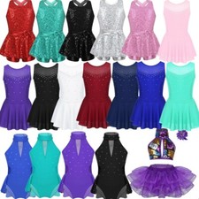 Kids Girls Dance Sequins Skating Leotard Dress Tutu Dancewear Gymnastics Costume