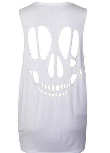 Womens Ladies Skull Back Laser Cut Out Sleeveless Open Back Top T Shirt Vest - Picture 2 of 4