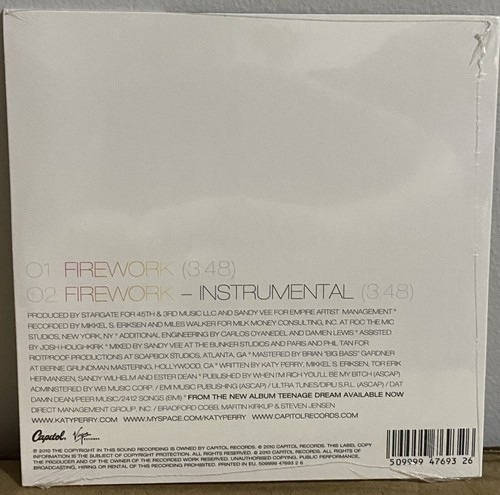 Katy Perry Firework 2010 Rare Collectible CD Single 2 tracks Instrumental Promo - Picture 2 of 2
