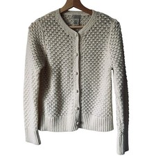 Vtg L.L.Bean Wool Angora Blend Sz Md Cardigan Cream Nubby Textured Loose Knit