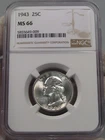 BU White GEM 1943 Silver Washington Quarter NGC MS66.  #28