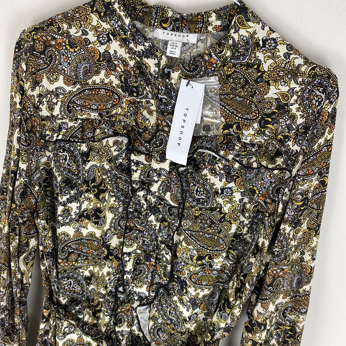 TOPSHOP Paisley Ruffle Belted Midi Shirt Dress UK12 PXUYV 40 Bust 50 Length