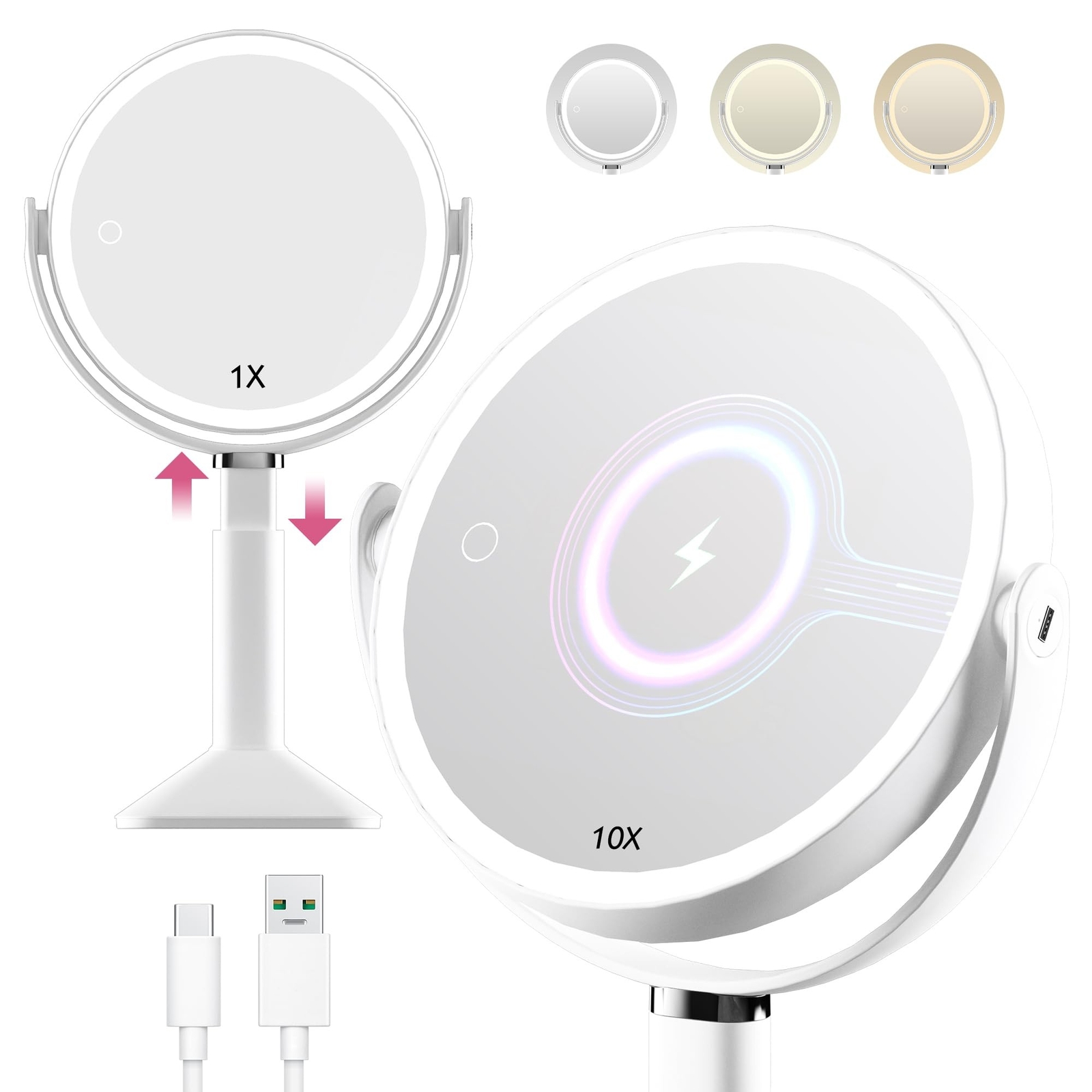 Rechargeable Lighted Makeup Mirror with 1X 10X Magnification Double Sided