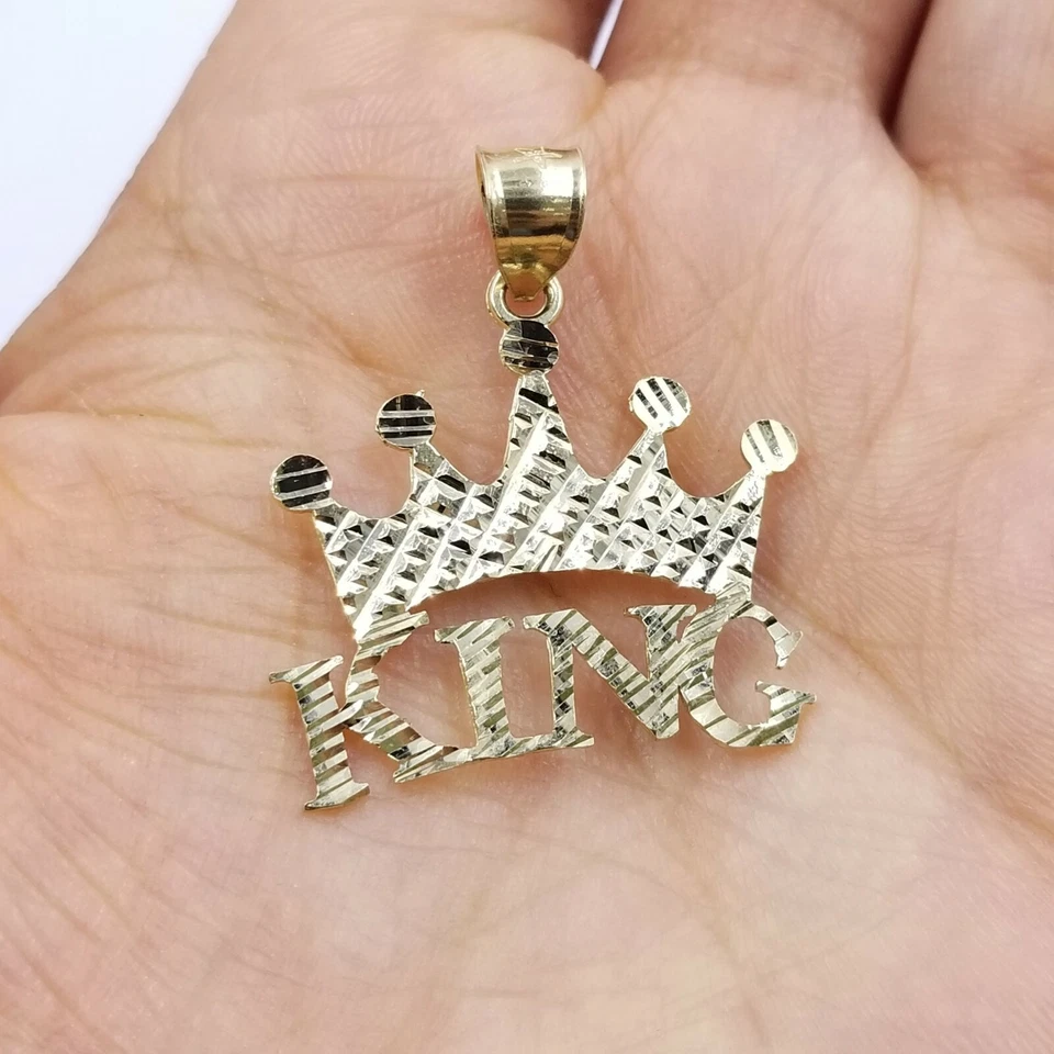 REAL CORONA REAL 10k Dije Oro Amarillo Corte Diamante Colgante Para Hombre 1.25" 26mm Foto 4 de 4