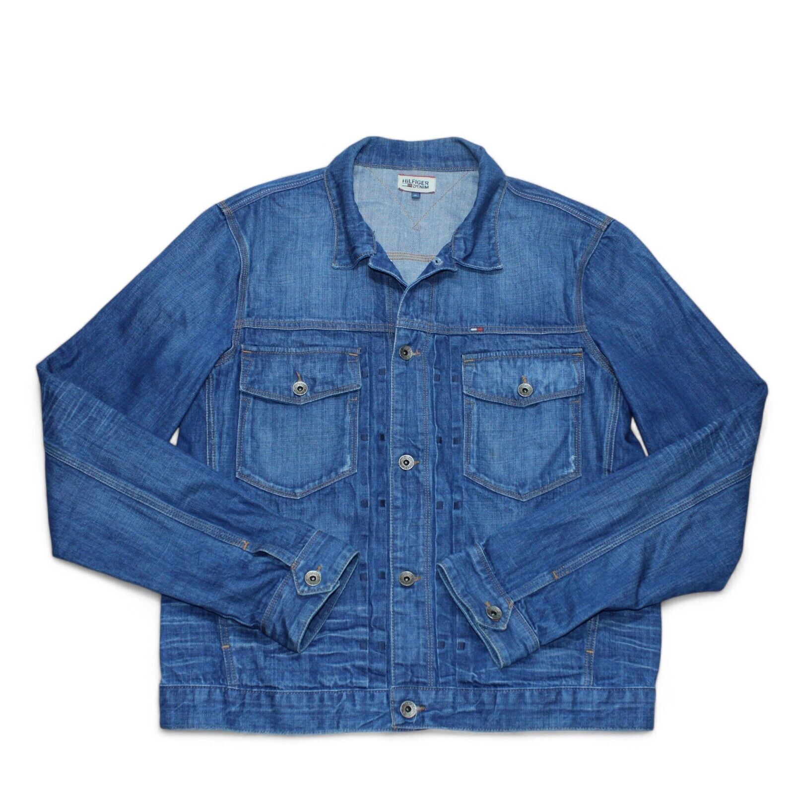 Tommy Hilfiger Denim Jacket Mens Slim Fit Large Vintage Biker Trucker Blue