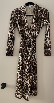 Diane Von Furstenberg Cybil Leopard Print Silk Wrap Mid Dress