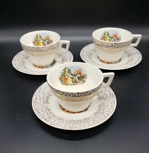 Vintage Set of 3 Sebring Pottery Warranted 22 K Gold Cups And Saucers