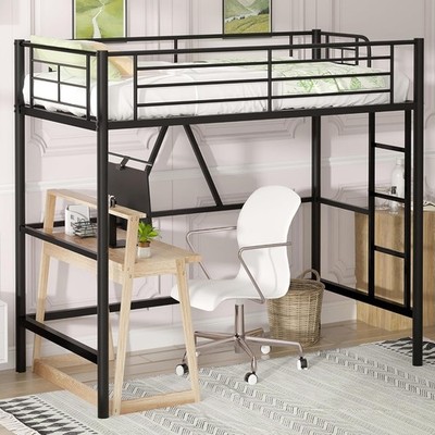 Metal Loft Bed Twin Size, Heavy Duty Bedframe with Removable Ladder and Safety