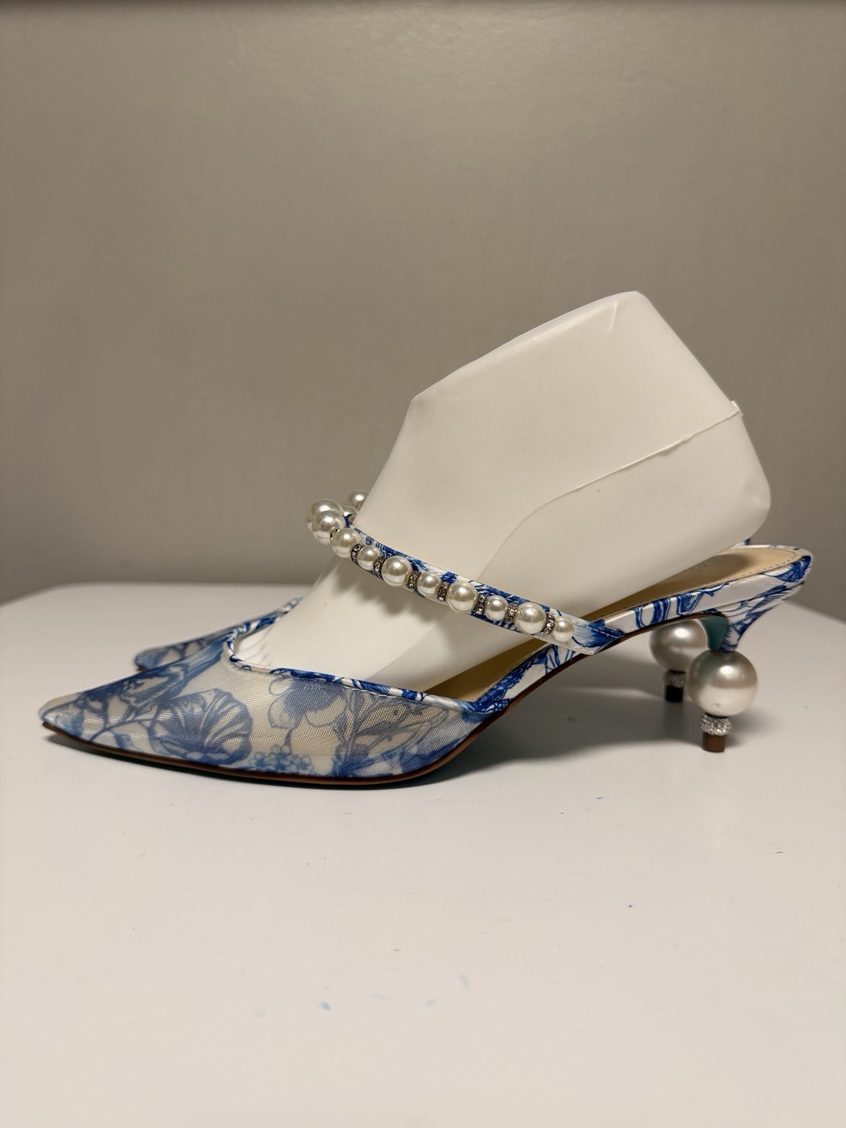 Betsey Johnson Blue White Floral Pearl Pointed Toe Mule Heels Women’s US 9.5 M
