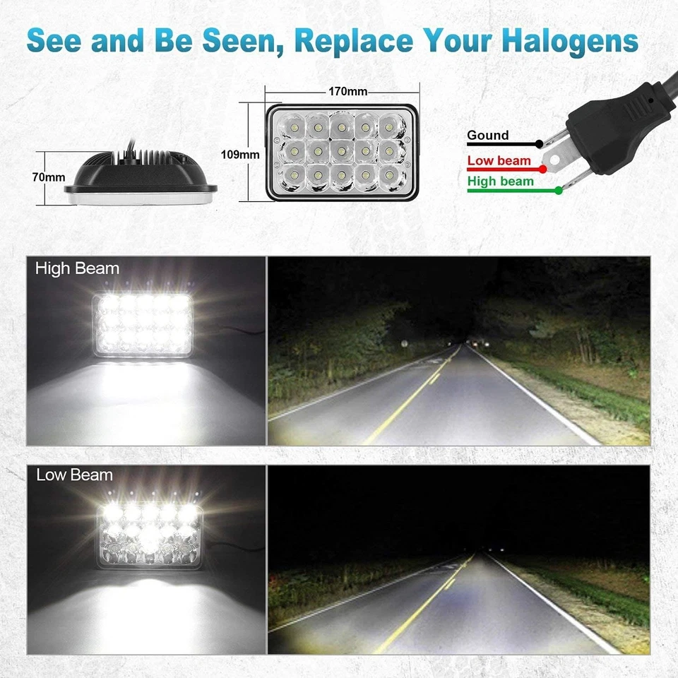 Faróis de LED 4 peças 105W preto 4x6" lâmpadas Hi/Lo DRL para Chevy K5 Blazer 1981-1986 - Imagem 2 de 4