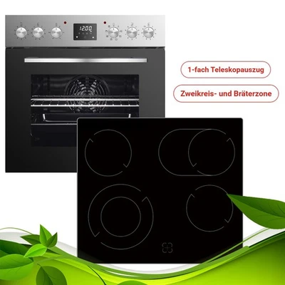 GERATEK Einbau Herdset Backofen mit Glaskeramikkochfeld Teleskopauszug Edelstahl Uhr NEU