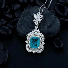 Lab Created Topaz 2.20Ct Emerald Cut Halo Pendant 14K White Gold Plated Silver