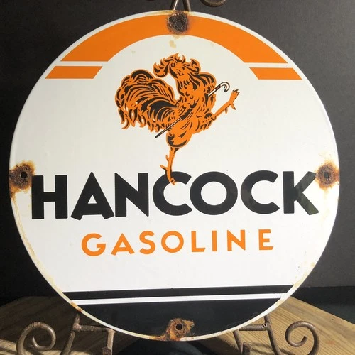 VINTAGE HANCOCK GASOLINE MOTOR OIL PORCELAIN GAS STATION PUMP ADVERTISING SIGN
