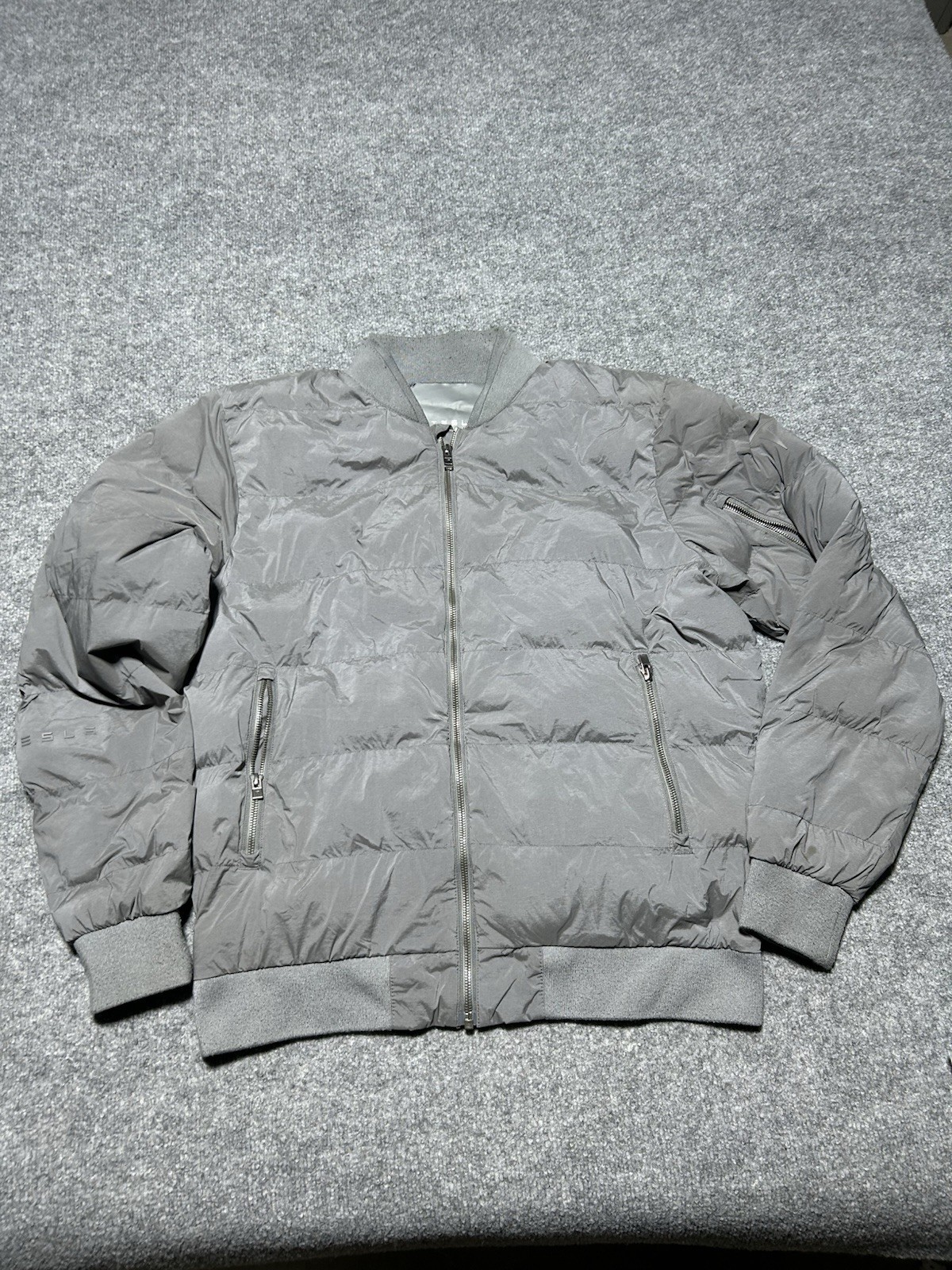 Tesla Puffer Jacket Mens M Gray Bomber Full Zip Insulated Quilted Logo Employee