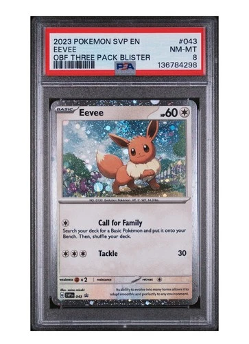 2023 POKEMON SVP EN- BLACK STAR PROMO #043 EEVEE OBF THREE PACK BLISTER - PSA 8